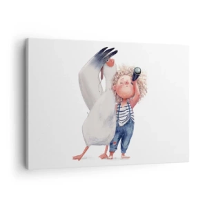 Quadro em tela - Ilustração de uma criança com um pelicano e um telescópio na mão - 70x50cm - O itinerário da grande viagem - Decoração de parede moderna para a sala de estar e quarto ARTTOR