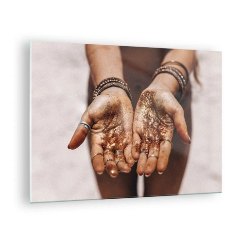 Quadro em vidro - Mãos abertas com brilho em luz quente - 70x50cm - Um presente para si - Decoração de parede moderna para a sala de estar e quarto ARTTOR