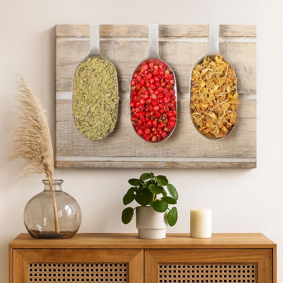 Quadro em tela - Três colheres de metal com especiarias em um fundo de madeira - 70x50cm - Magia da cozinha - Decoração de parede moderna para a sala de estar e quarto ARTTOR