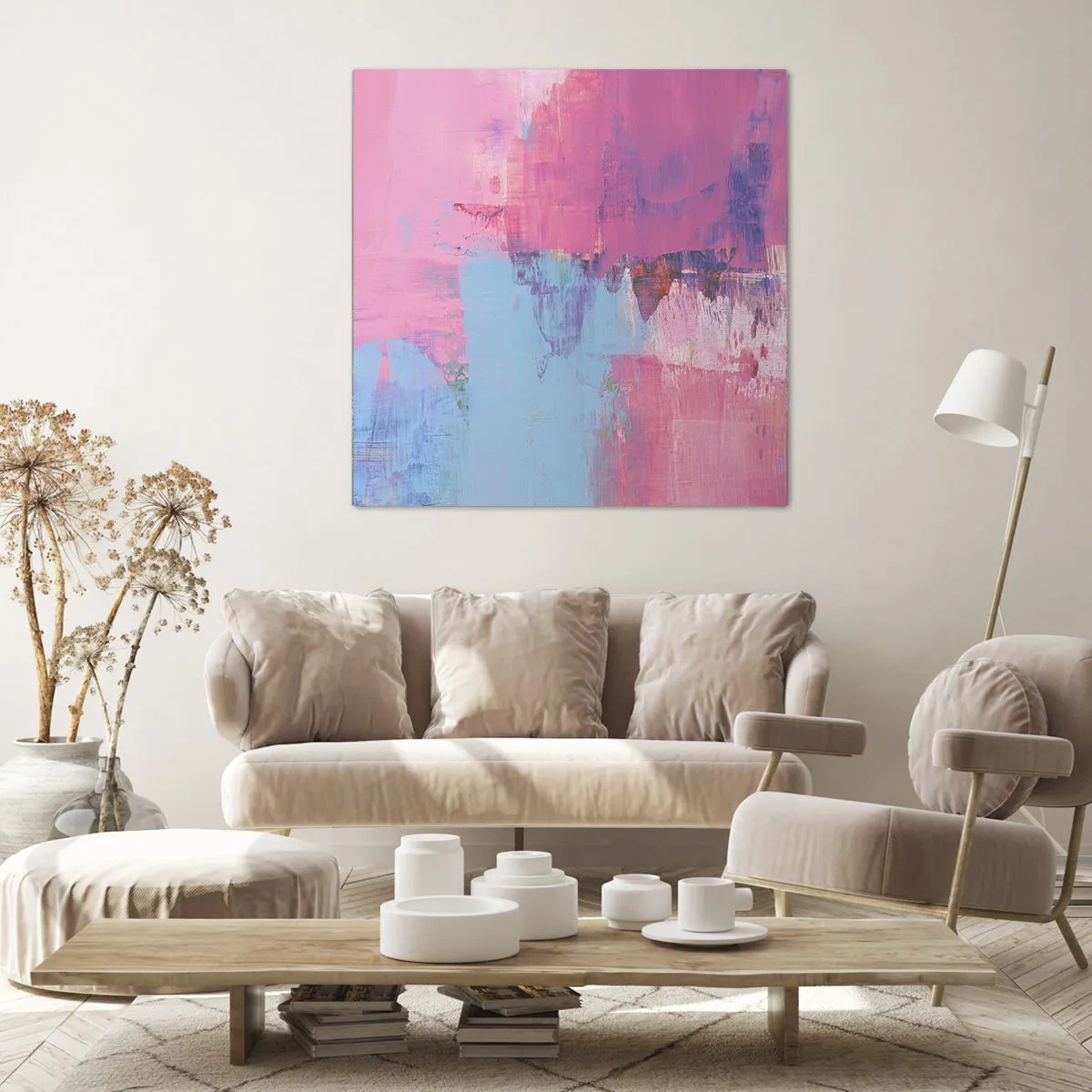 Quadro em tela - Rosa, azul e uma pitada de luz - 30x30 cm
