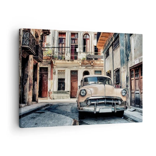 Quadro em tela - Um carro clássico tendo como pano de fundo a arquitetura urbana - 70x50cm - Siesta em Havana - Decoração de parede moderna para a sala de estar e quarto ARTTOR