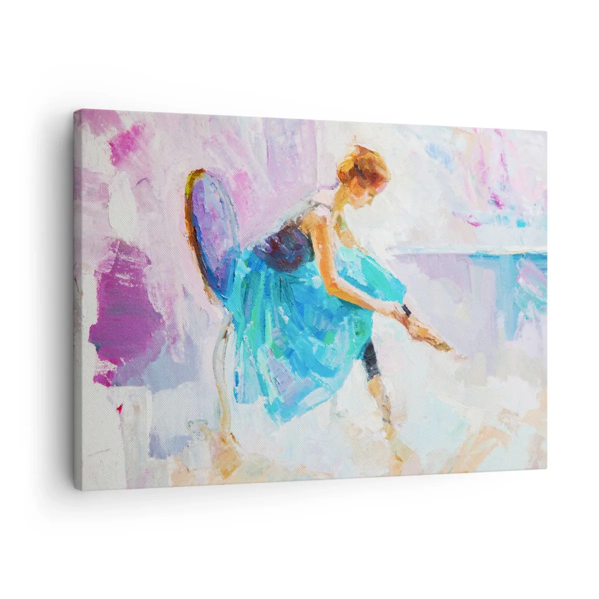 Quadro em tela - Uma bailarina se preparando para dançar em tons pastéis. - 70x50cm - Graça inefável, charme sutil - Decoração de parede moderna para a sala de estar e quarto ARTTOR