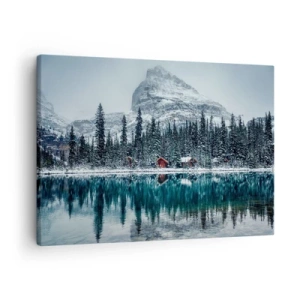 Quadro em tela - Paisagem de inverno com casas de campo na floresta perto de um lago congelado - 70x50cm - Retiro canadense - Decoração de parede moderna para a sala de estar e quarto ARTTOR