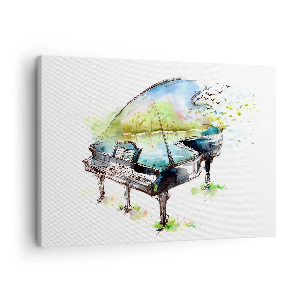 Quadro em tela - Pintura artística em aquarela de um piano com a natureza ao fundo - 70x50cm - Encantado pela música - Decoração de parede moderna para a sala de estar e quarto ARTTOR