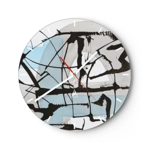 Relógio de parede - Relógio em vidro - Linhas pretas abstratas sobre um fundo de manchas azuis e cinzas - 30x30cm - Azul mesmo assim - Decoração de parede moderna para a sala de estar, cozinha e quarto ARTTOR
