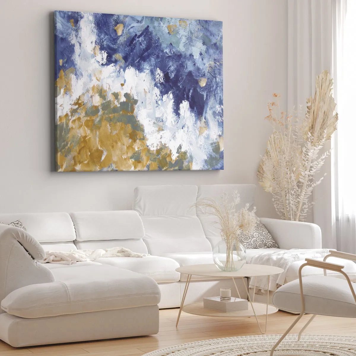 Quadro em tela - Abstração em tons de azul, branco e dourado - 70x50cm - Dança dos elementos - Decoração de parede moderna para a sala de estar e quarto ARTTOR