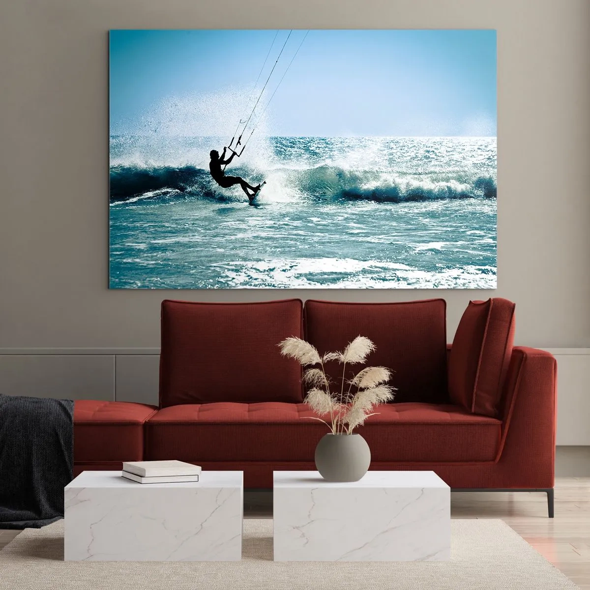 Quadro em vidro - Kitesurfista nas ondas do oceano em um dia ensolarado - 70x50cm - Deixe-se levar - Decoração de parede moderna para a sala de estar e quarto ARTTOR