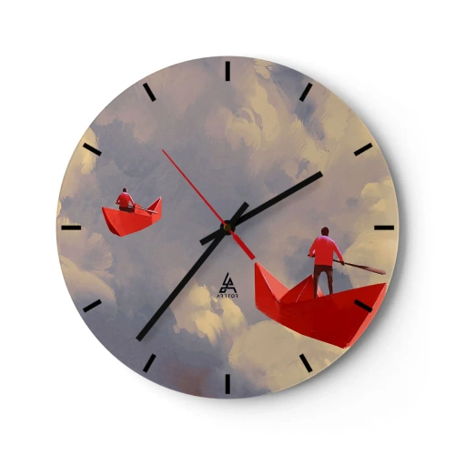 Relógio de parede - Relógio em vidro - Dois barcos vermelhos contra um céu nublado - 30x30cm - Expedição dos sonhadores - Decoração de parede moderna para a sala de estar, cozinha e quarto ARTTOR