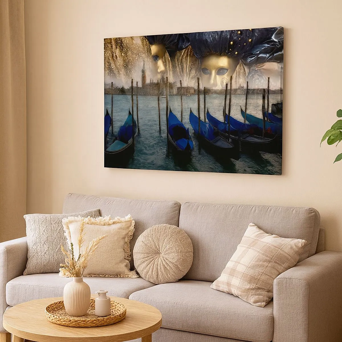 Quadro em tela - Máscaras de carnaval veneziano e gôndolas com a cidade e a água ao fundo - 70x50cm - Hora do Carnaval - Decoração de parede moderna para a sala de estar e quarto ARTTOR
