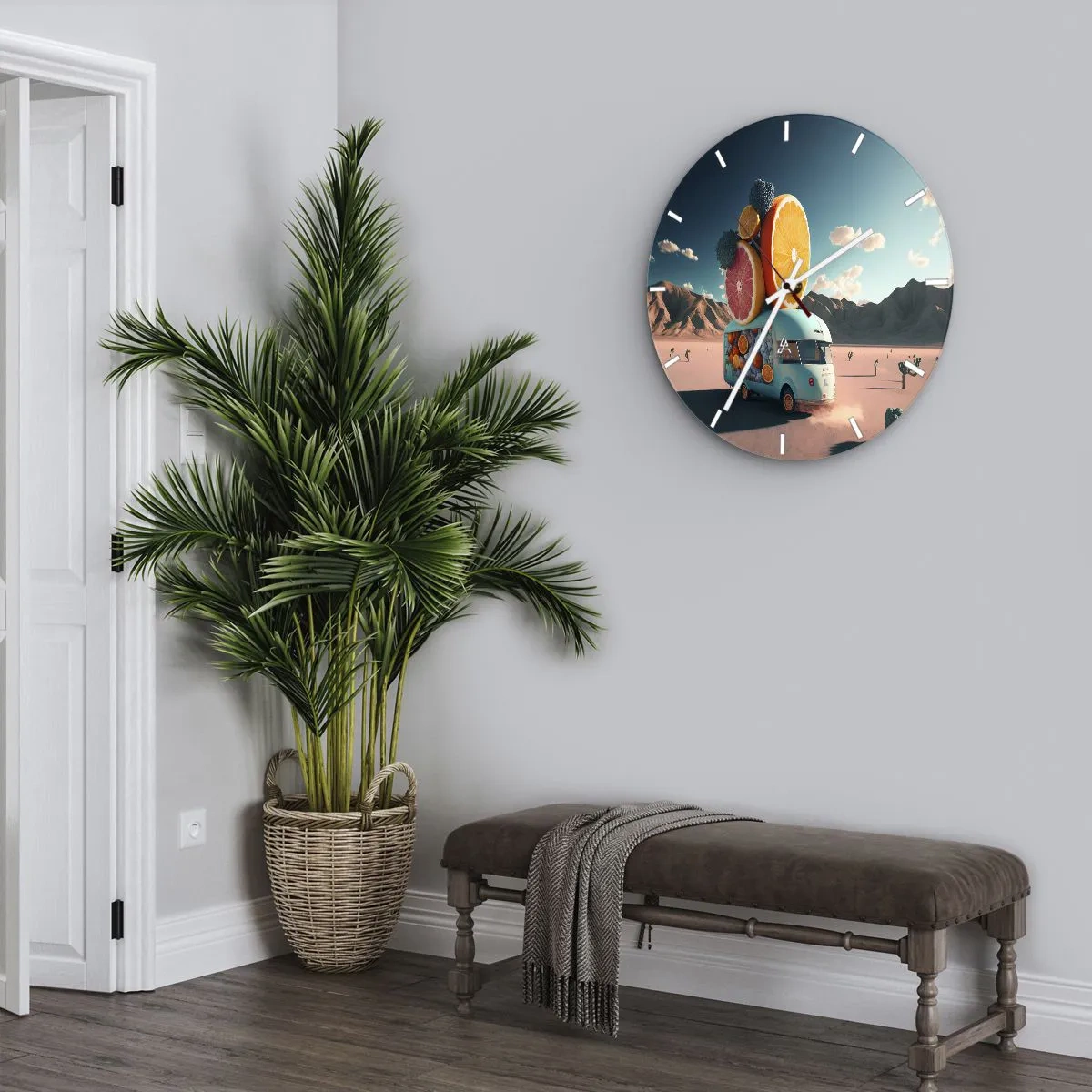 Relógio de parede - Relógio em vidro - Um food truck de frutas turquesas com fundo desértico - 30x30cm - O sabor das férias - Decoração de parede moderna para a sala de estar, cozinha e quarto ARTTOR