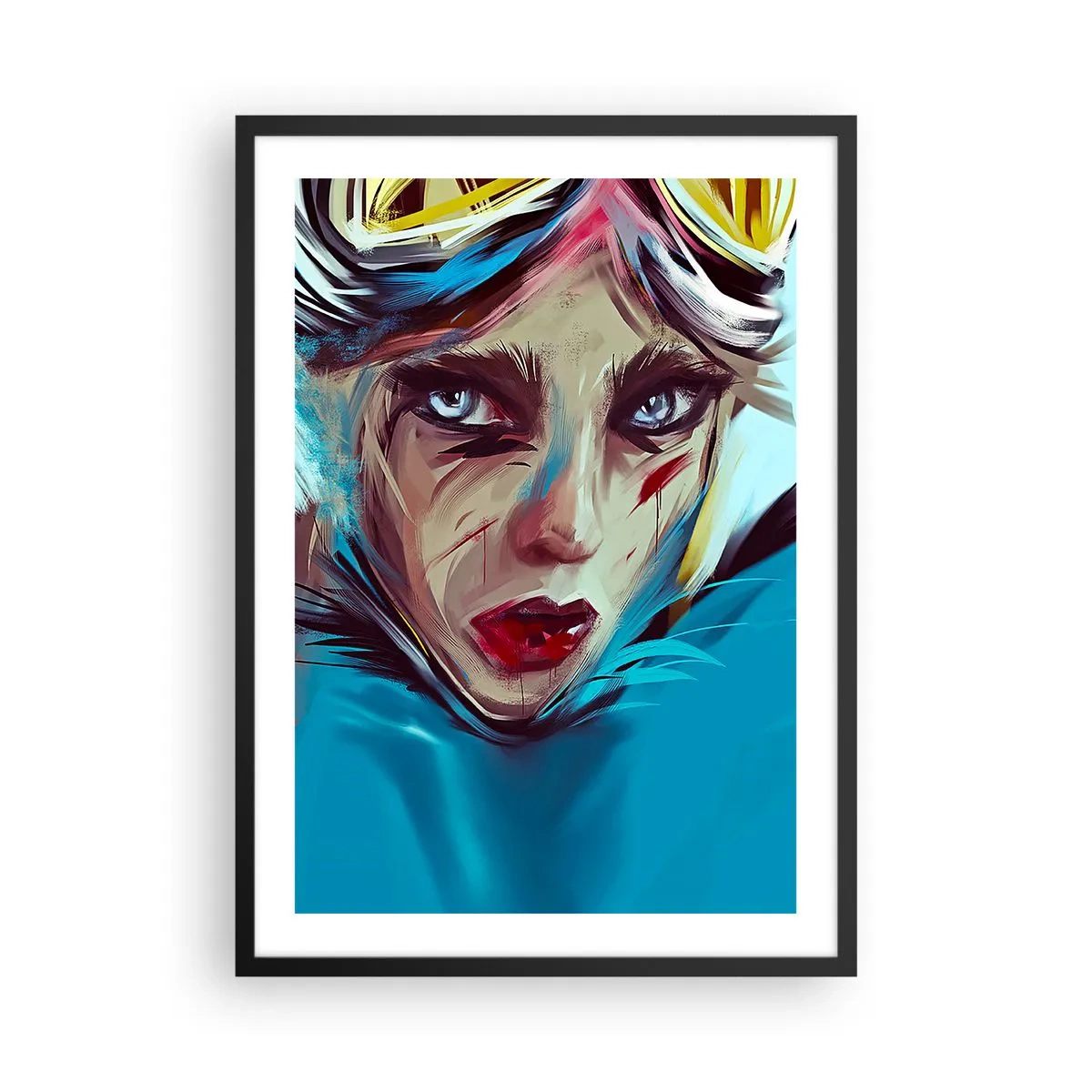 Pôster com moldura preta - Retrato de uma mulher com olhar intenso e fundo azul - 50x70cm - A guerreira das estradas - Decoração de parede moderna para a sala de estar e quarto ARTTOR