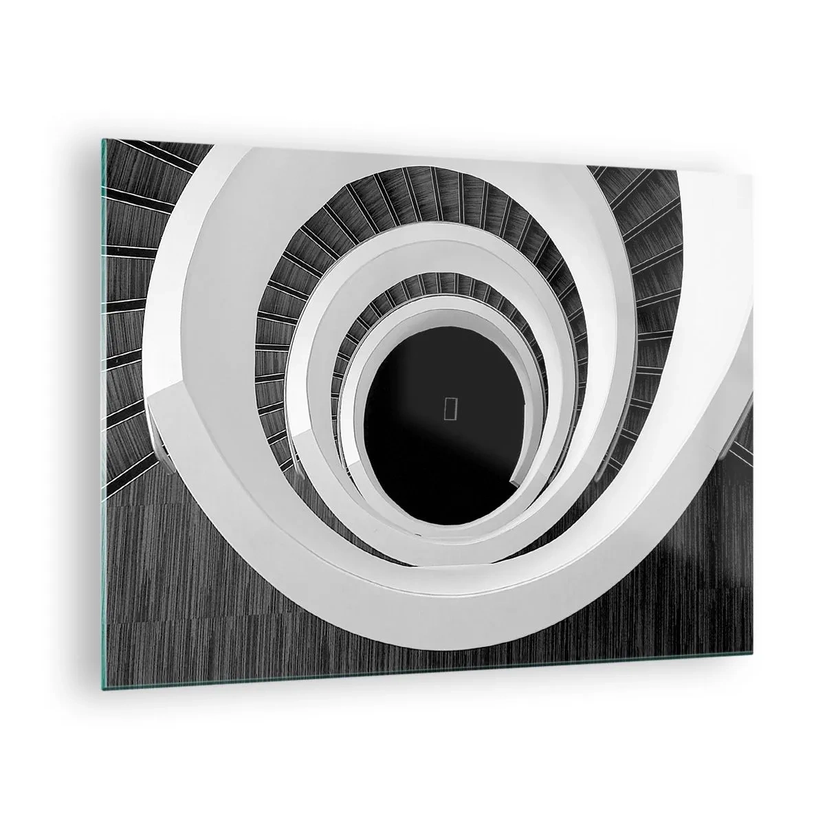 Quadro em vidro - Escada em espiral preta e branca vista de cima - 70x50cm - Ao âmago - Decoração de parede moderna para a sala de estar e quarto ARTTOR
