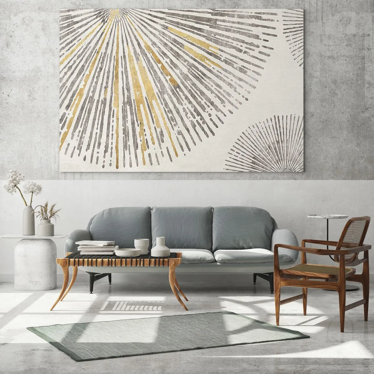 Quadro em vidro - Linhas radiais em tons de dourado e cinza sobre fundo claro - 70x50cm - A beleza do raio - Decoração de parede moderna para a sala de estar e quarto ARTTOR