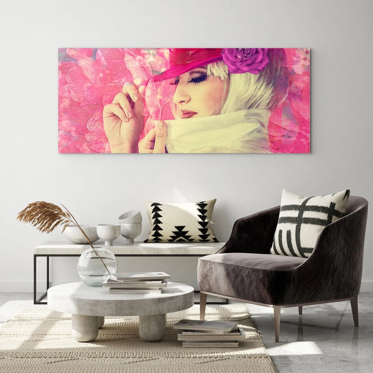 Quadro em vidro - Retrato retro em rosa - 160x50 cm