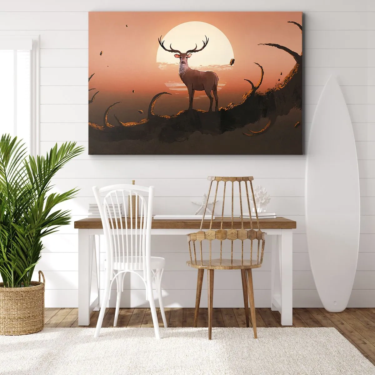 Quadro em tela - Um cervo tendo como pano de fundo o pôr do sol e uma paisagem surreal - 70x50cm - Esta noite é diferente de qualquer outra - Decoração de parede moderna para a sala de estar e quarto ARTTOR