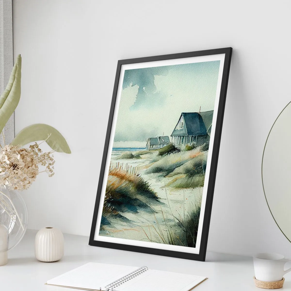 Pôster com moldura preta - Casa de praia em aquarela com vista para o mar - 50x70cm - Longe da agitação - Decoração de parede moderna para a sala de estar e quarto ARTTOR