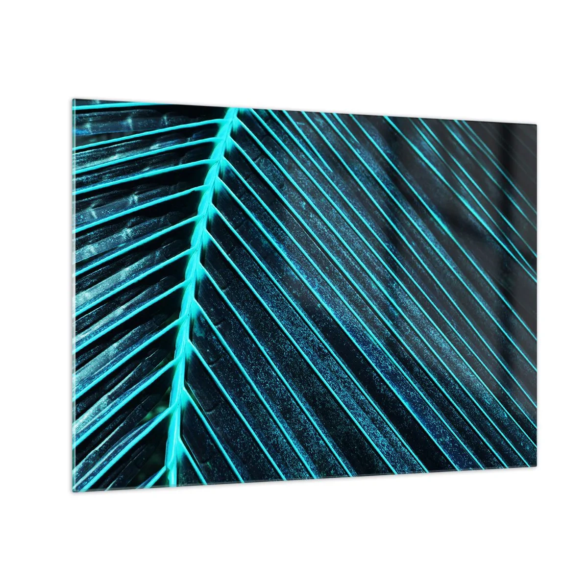 Quadro em vidro - Macrofotografia de uma folha de palmeira em tons de turquesa - 70x50cm - Textura verde - Decoração de parede moderna para a sala de estar e quarto ARTTOR