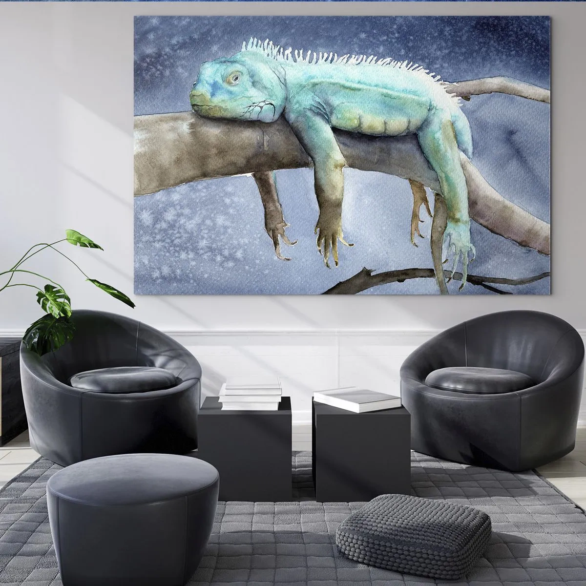Quadro em vidro - Iguana azul deitada em um galho em estilo aquarela - 70x50cm - Estamos bem! - Decoração de parede moderna para a sala de estar e quarto ARTTOR
