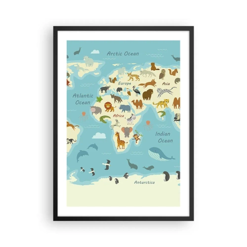 Pôster com moldura preta - Um mapa-múndi com ilustrações de animais em diferentes regiões - 50x70cm - Bons vizinhos - Decoração de parede moderna para a sala de estar e quarto ARTTOR