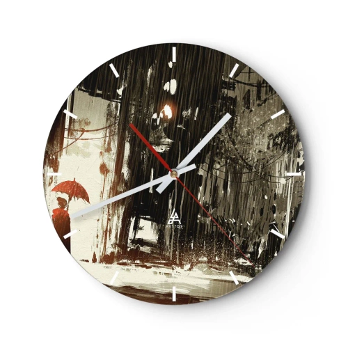 Relógio de parede - Relógio em vidro - Uma cena com um guarda-chuva contra uma rua chuvosa - 30x30cm - A poesia do guarda-chuva vermelho - Decoração de parede moderna para a sala de estar, cozinha e quarto ARTTOR