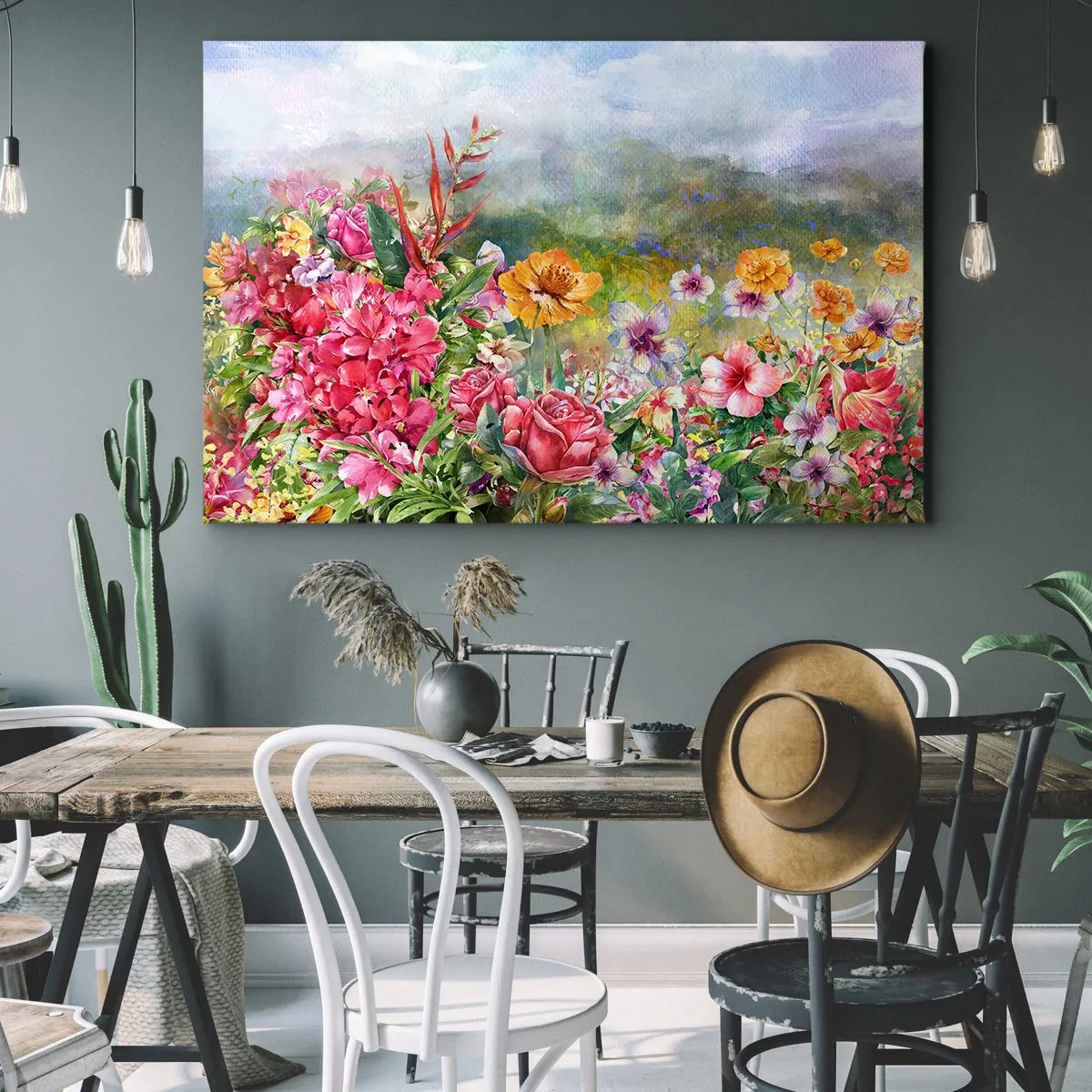 Quadro em tela - Uma composição colorida de flores sobre um fundo de paisagem em tons pastéis - 70x50cm - O jardim que enlouqueceu - Decoração de parede moderna para a sala de estar e quarto ARTTOR