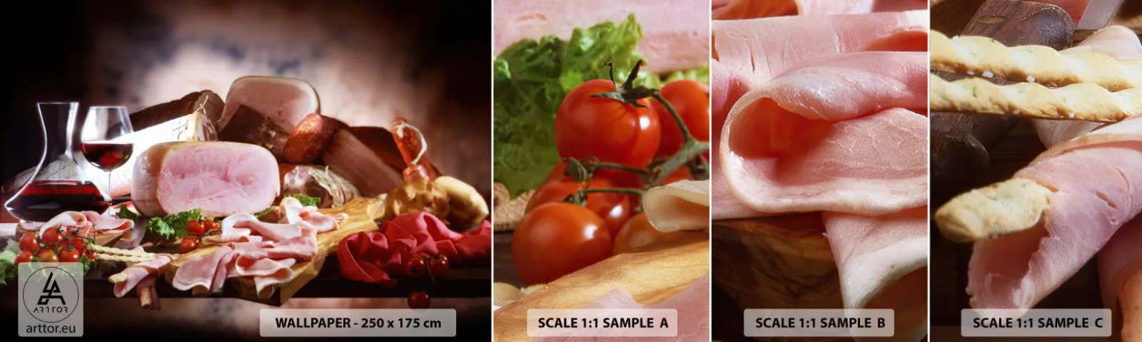 Amostra de Papel de Parede Standard Eco - Um sonho culinário com uma jarra - Gastronomia, Carnes, Tomates - 100x30 cm