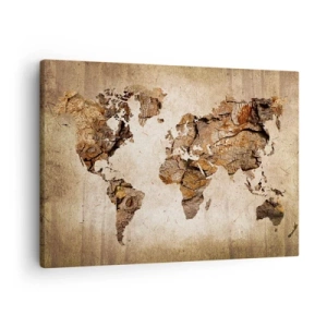 Quadro em tela - Um mapa-múndi em estilo rústico e de madeira - 70x50cm - Descobrindo o o mundo - Decoração de parede moderna para a sala de estar e quarto ARTTOR