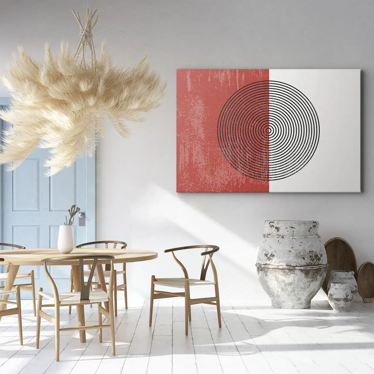 Quadro em tela - Padrão geométrico com círculos concêntricos em um fundo vermelho e branco - 70x50cm - Direto ao ponto - Decoração de parede moderna para a sala de estar e quarto ARTTOR