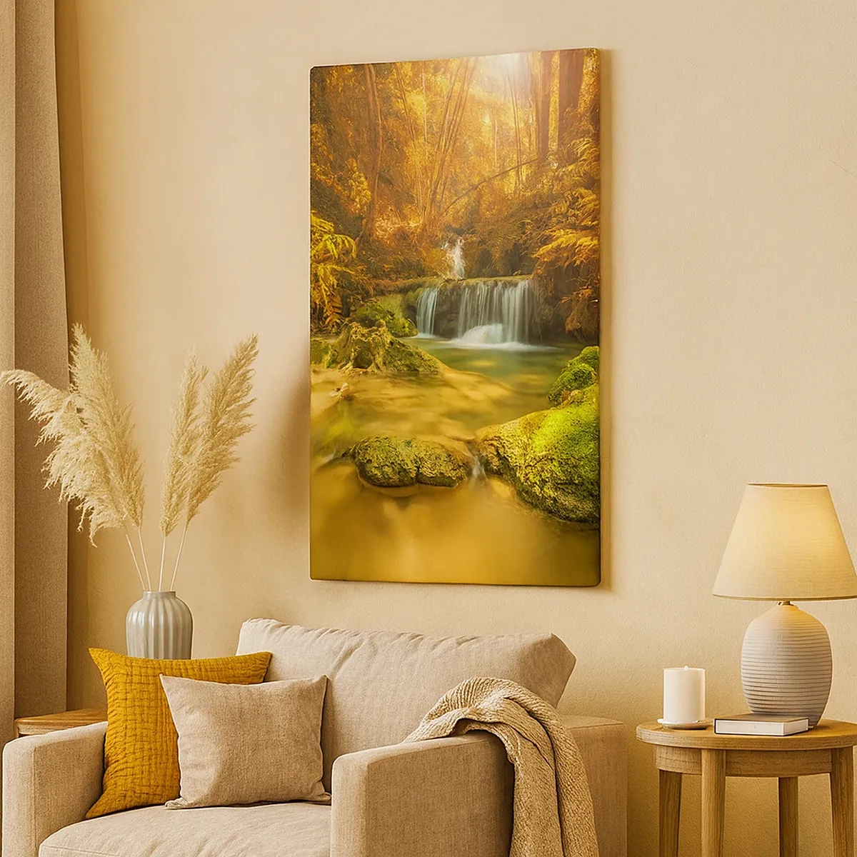 Quadro em tela - Cascata na floresta em ouro - 50x70 cm