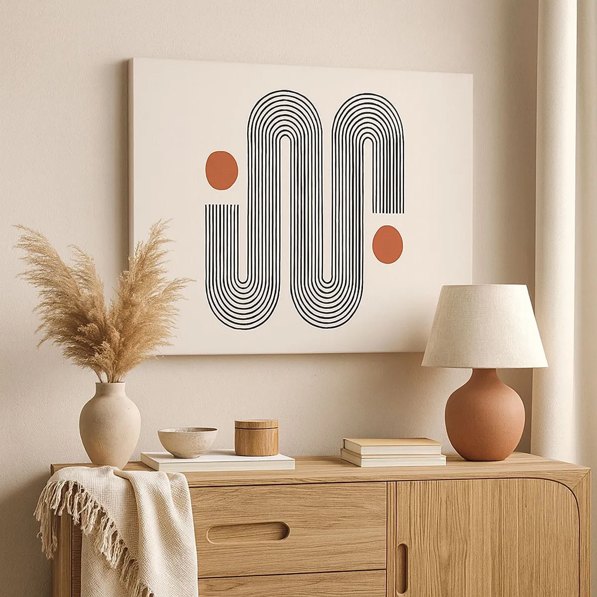 Quadro em tela - Padrão geométrico com linhas e círculos laranja - 70x50cm - Do início ao fim - Decoração de parede moderna para a sala de estar e quarto ARTTOR