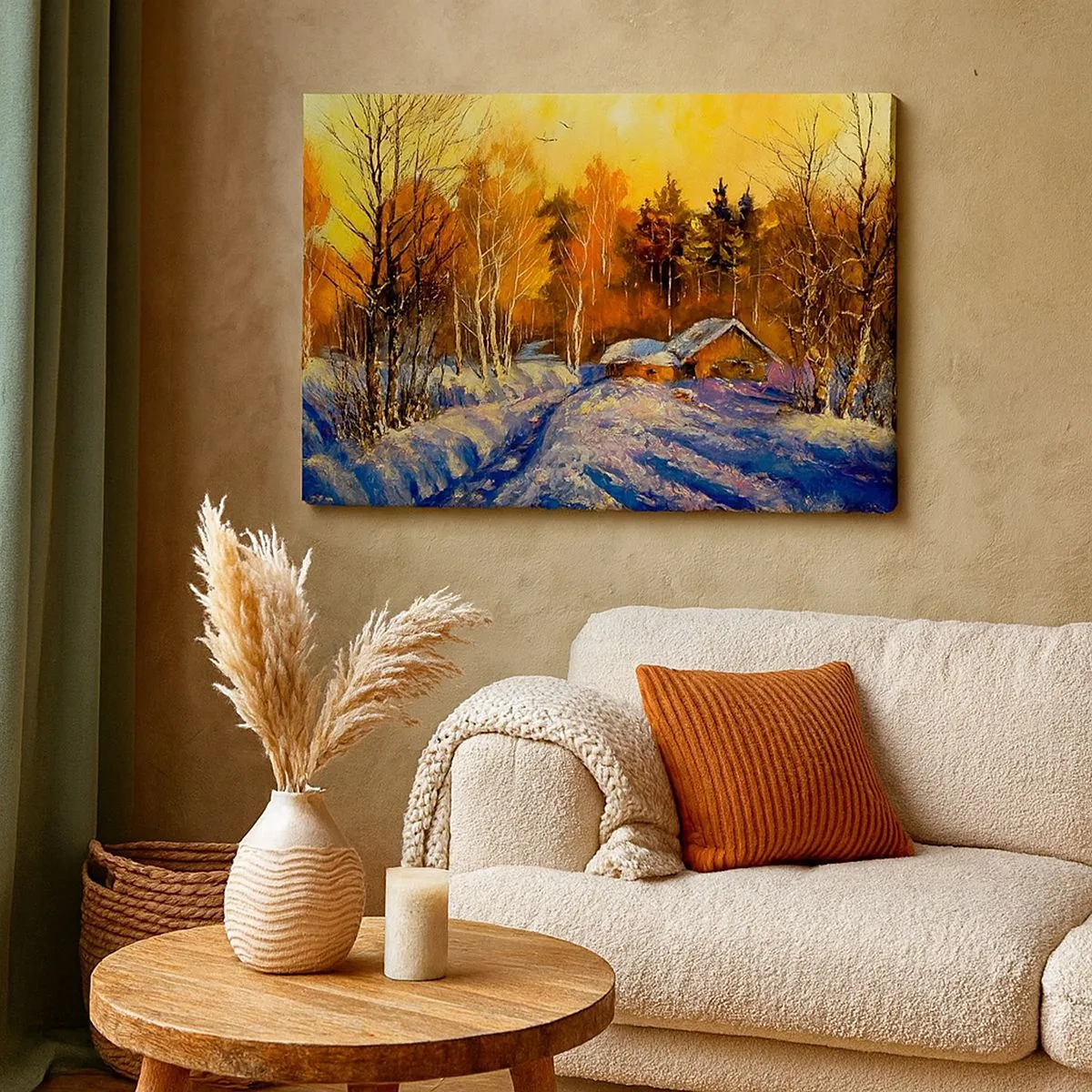 Quadro em tela - Paisagem de inverno com uma casa à luz do pôr do sol - 70x50cm - Impressão de inverno ao sol - Decoração de parede moderna para a sala de estar e quarto ARTTOR