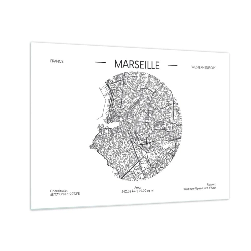 Quadro em vidro - Mapa preto e branco da cidade de Marselha em estilo moderno - 70x50cm - Anatomia de Marselha - Decoração de parede moderna para a sala de estar e quarto ARTTOR
