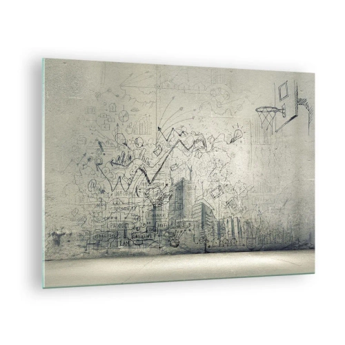 Quadro em vidro - Esboço gráfico com elementos comerciais e criativos - 70x50cm - Minha vida maravilhosa na cidade - Decoração de parede moderna para a sala de estar e quarto ARTTOR