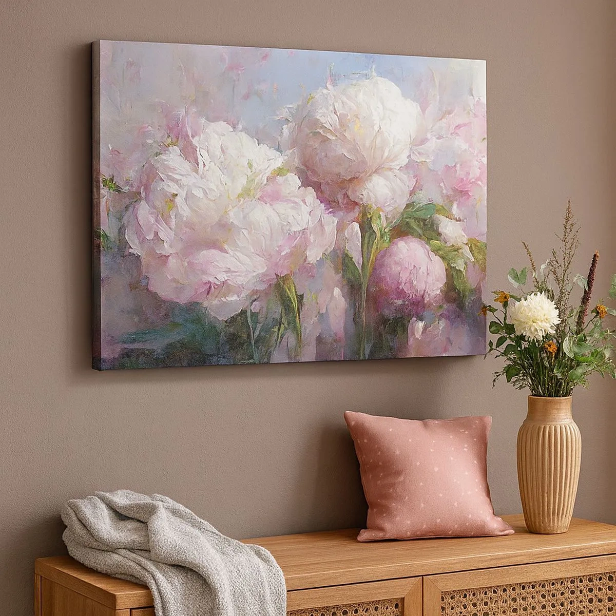 Quadro em tela - Flores românticas de peônia em tons pastéis - 70x50cm - Um buquê cheio de vida - Decoração de parede moderna para a sala de estar e quarto ARTTOR