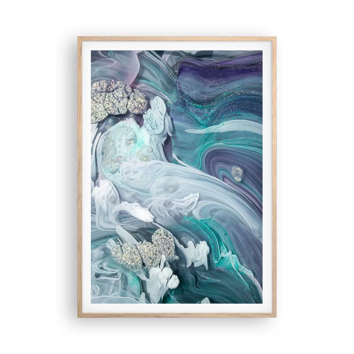 Pôster com moldura de carvalho claro - Correntes de azul - 70x100 cm