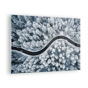 Quadro em vidro - Uma estrada sinuosa através de uma floresta de inverno vista de um drone - 70x50cm - Pelaa floresta no inverno - Decoração de parede moderna para a sala de estar e quarto ARTTOR