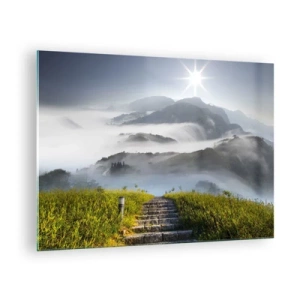 Quadro em vidro - Paisagem montanhosa com neblina e escadas que levam ao cume - 70x50cm - Em direcção às nuvens - Decoração de parede moderna para a sala de estar e quarto ARTTOR