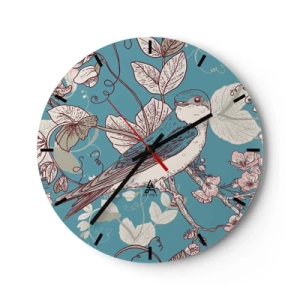 Relógio de parede - Relógio em vidro - Um mostrador de relógio com motivo de pássaro cercado por folhas e flores em cores delicadas. - 30x30cm - Cantos no choupo-branco - Decoração de parede moderna para a sala de estar, cozinha e quarto ARTTOR