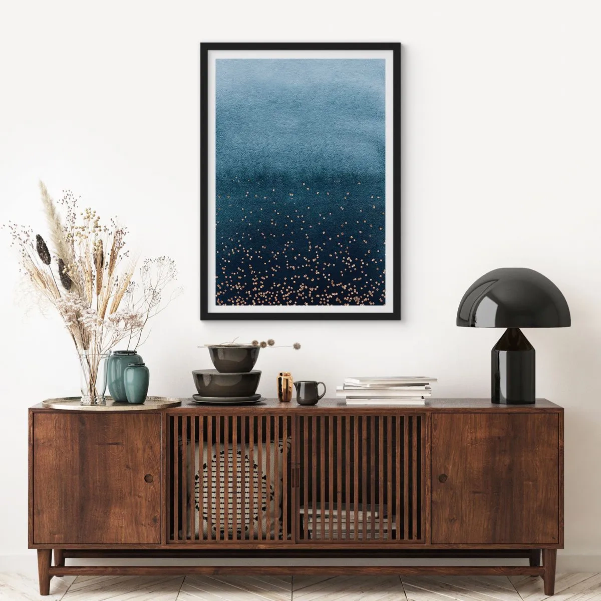 Pôster com moldura preta - Gradiente azul com detalhes dourados - 50x70cm - Composição – fases azuis - Decoração de parede moderna para a sala de estar e quarto ARTTOR