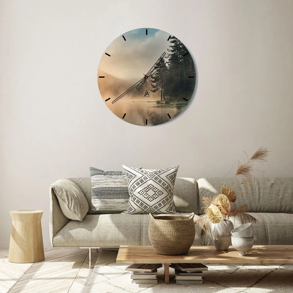 Relógio de parede - Relógio em vidro - Uma paisagem de floresta enevoada sobre um lago tranquilo - 30x30cm - O nascimento do dia - Decoração de parede moderna para a sala de estar, cozinha e quarto ARTTOR