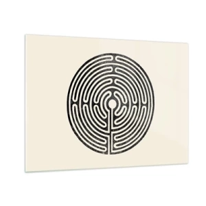 Quadro em vidro - Um labirinto preto e branco em formato circular sobre um fundo claro. - 70x50cm - Ordem misteriosa - Decoração de parede moderna para a sala de estar e quarto ARTTOR