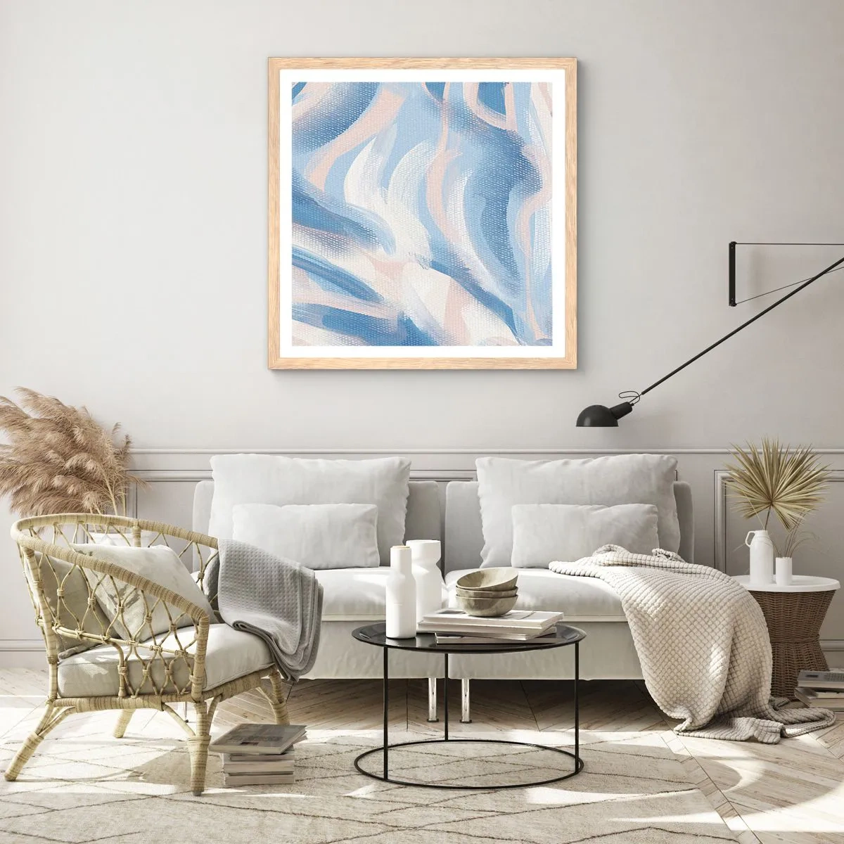 Pôster com moldura de carvalho claro - Ondas azuis - 60x60 cm