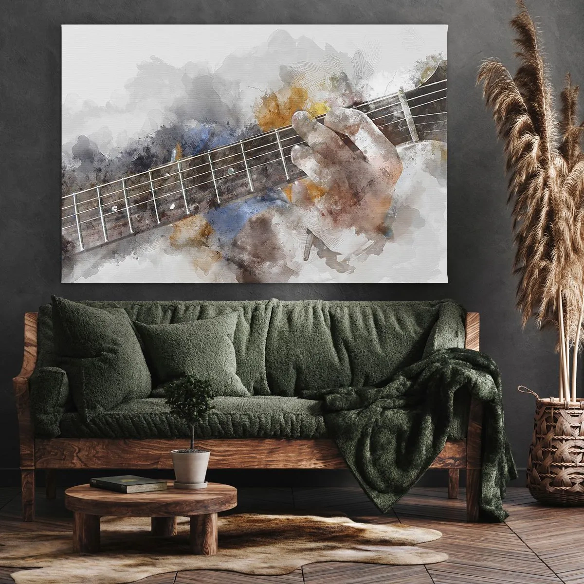 Quadro em tela - Imagem abstrata de uma mão tocando violão - 70x50cm - Poesia entre as cordas - Decoração de parede moderna para a sala de estar e quarto ARTTOR