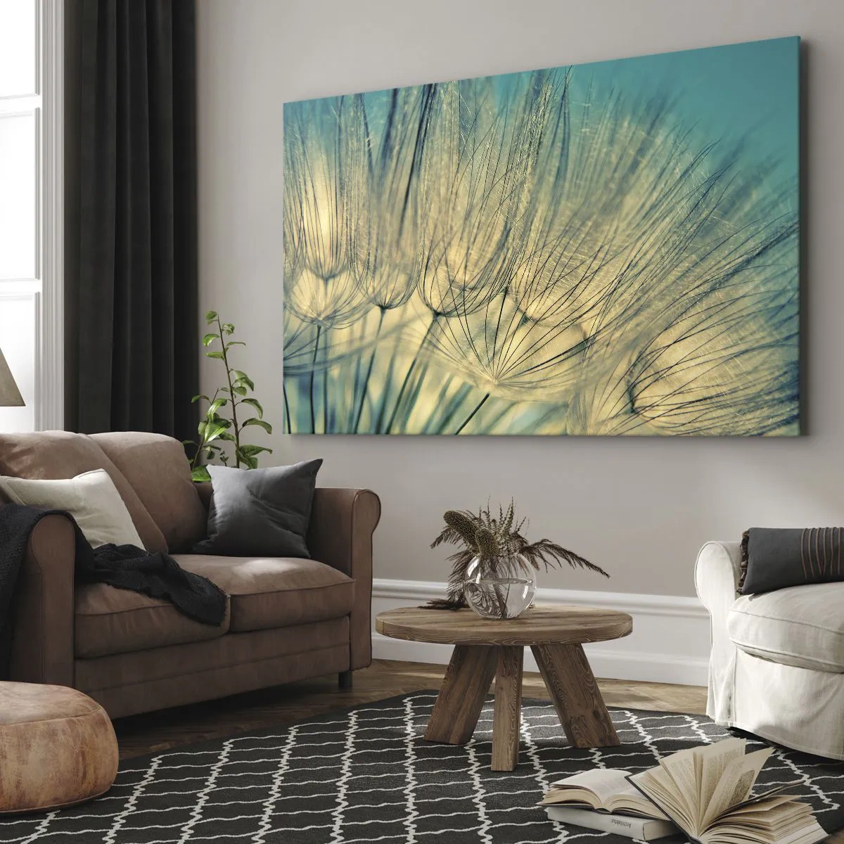 Quadro em tela - Macrofotografia de dentes-de-leão à luz do dia - 70x50cm - À espera do vento - Decoração de parede moderna para a sala de estar e quarto ARTTOR