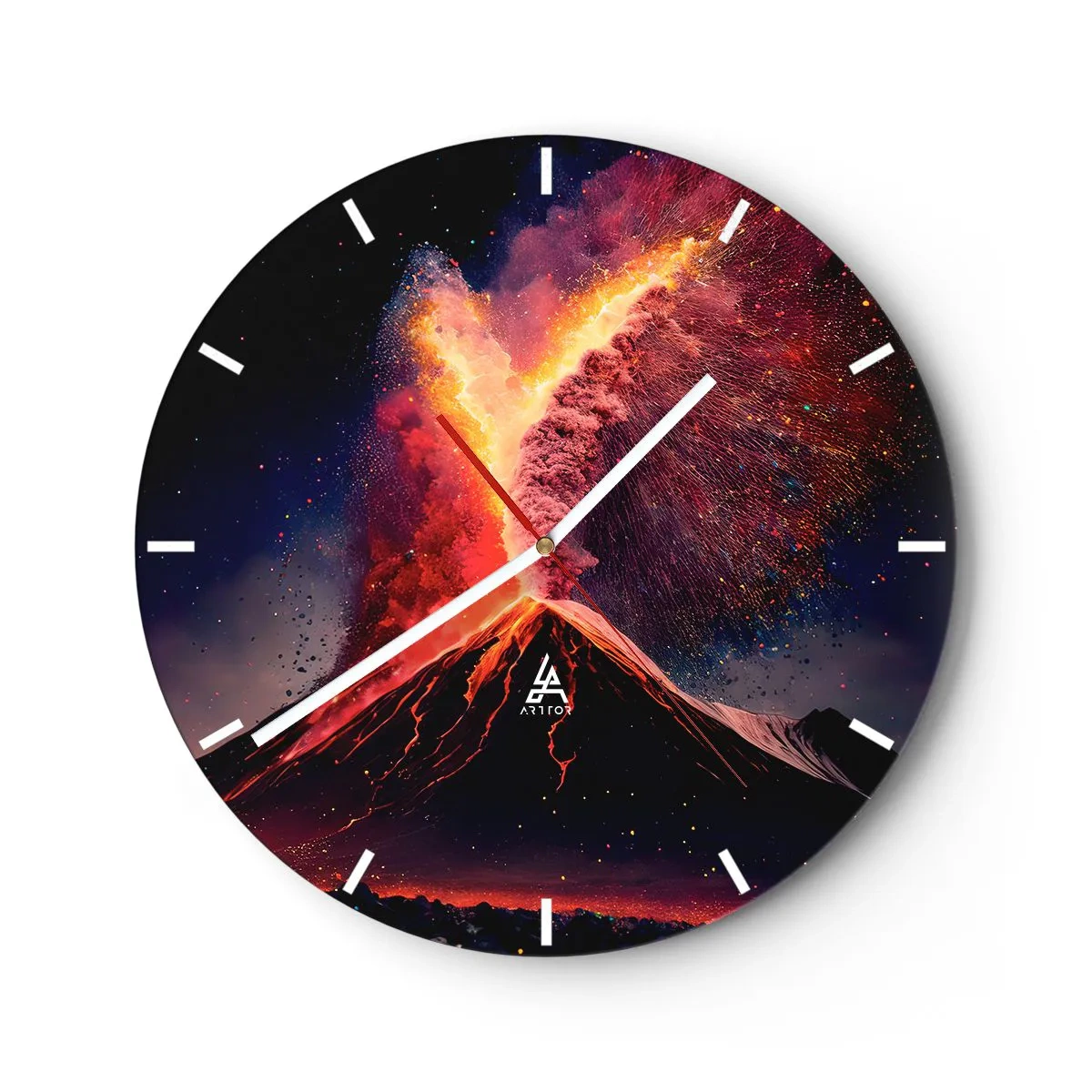 Relógio de parede - Relógio em vidro - Erupção vulcânica com uma fonte de fogo e fumaça contra um fundo noturno - 30x30cm - Beleza e terror - Decoração de parede moderna para a sala de estar, cozinha e quarto ARTTOR