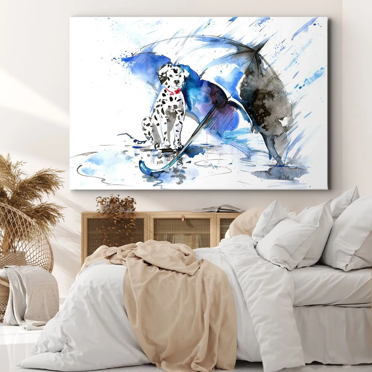 Quadro em tela - Pintura em aquarela de um cão dálmata com um guarda-chuva ao fundo - 70x50cm - É para isso que serve um amigo - Decoração de parede moderna para a sala de estar e quarto ARTTOR