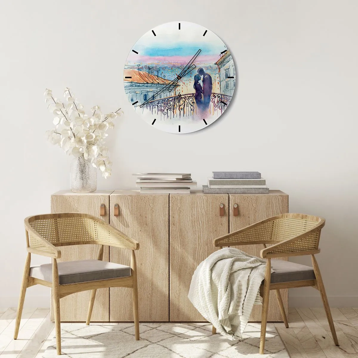 Relógio de parede - Relógio em vidro - Casal romântico em uma varanda com vista para a cidade - 30x30cm - Amantes parisienses - Decoração de parede moderna para a sala de estar, cozinha e quarto ARTTOR