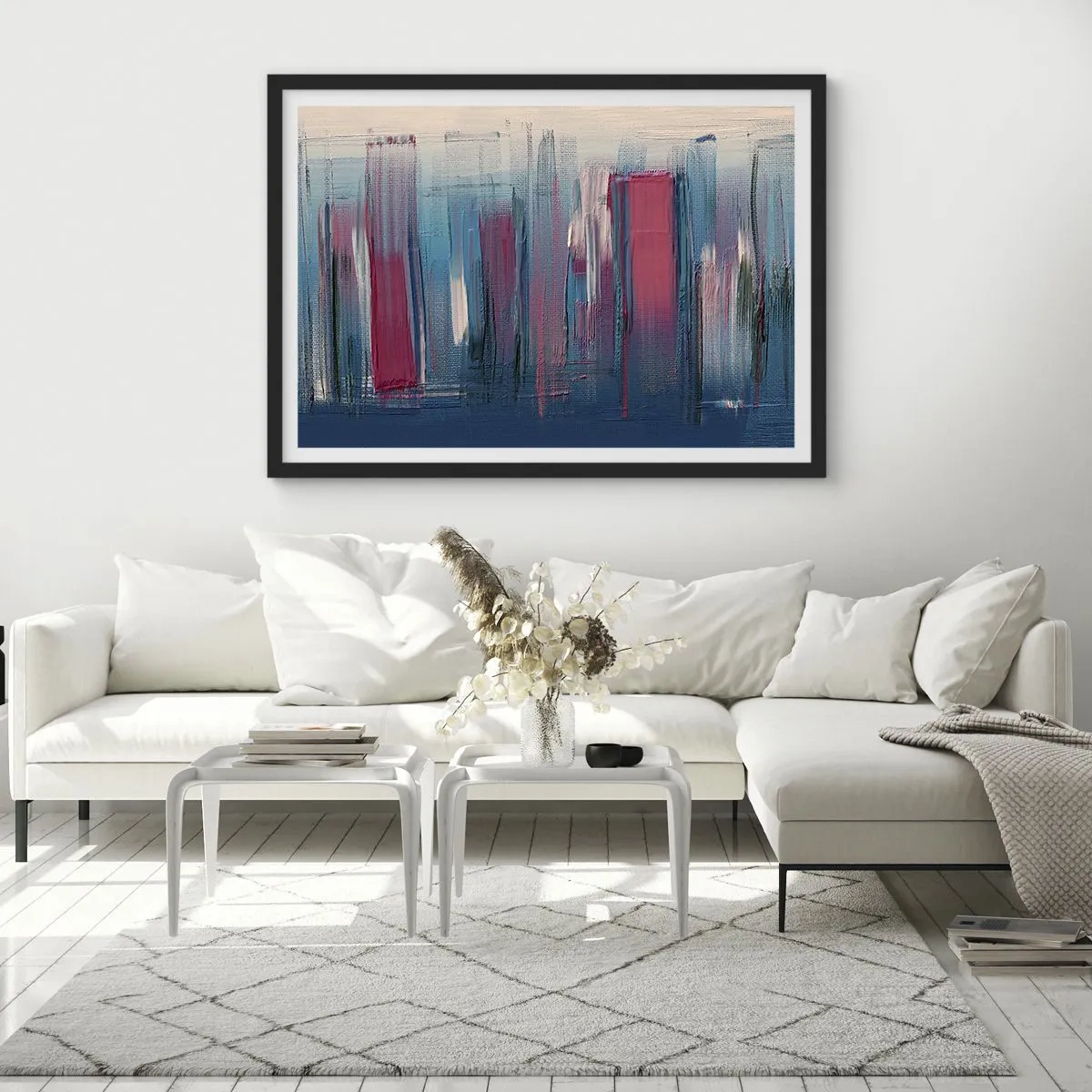 Pôster com moldura preta - Composição vertical em azul e vermelho - 70x50 cm