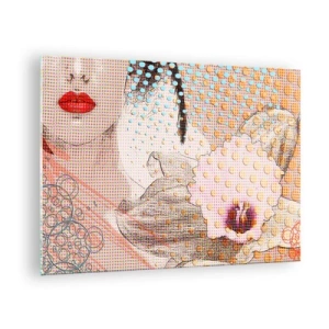 Quadro em vidro - Ilustração de um retrato de uma mulher com uma flor ao fundo no estilo pop art - 70x50cm - Heroína de cartoon - Decoração de parede moderna para a sala de estar e quarto ARTTOR
