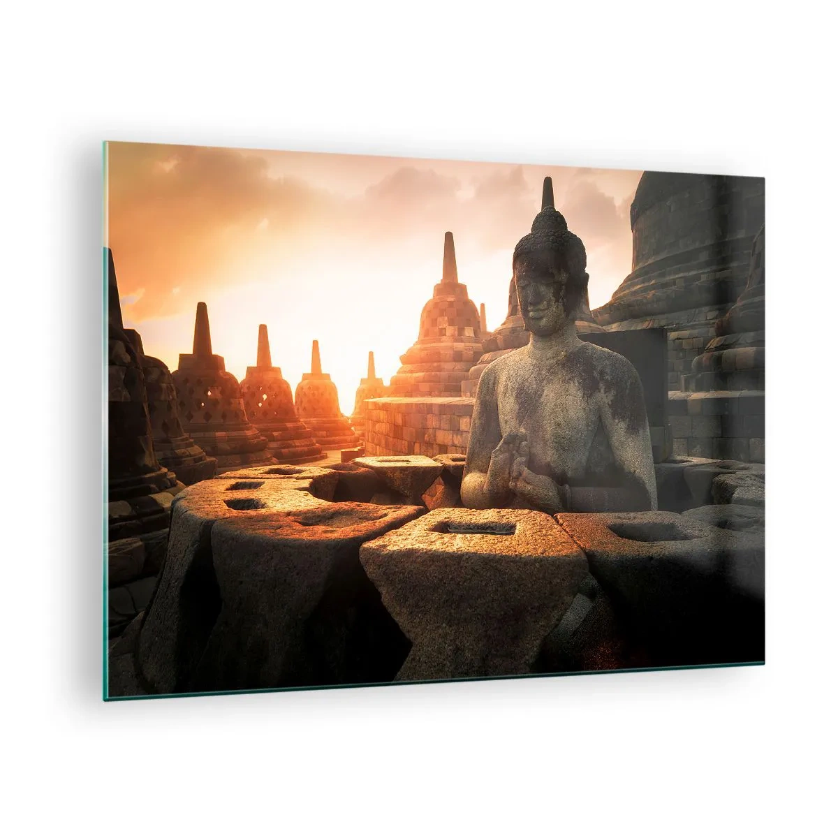 Quadro em vidro - Uma estátua de Buda iluminada pelo pôr do sol em um antigo complexo de templos - 70x50cm - Clima de grande sabedoria - Decoração de parede moderna para a sala de estar e quarto ARTTOR